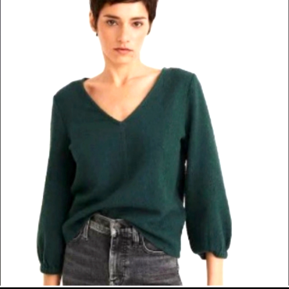 NWT MADEWELL TEXTURE&THREAD FULL SLEEVE DEEP GREEN V-NECK BLOUSE SIZE SMALL - Picture 1 of 9